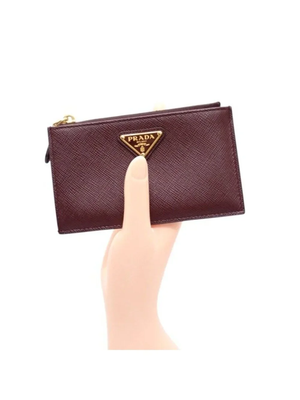 Prada Saffiano Triangle Card Case Bordeaux Burgundy Gold Genus